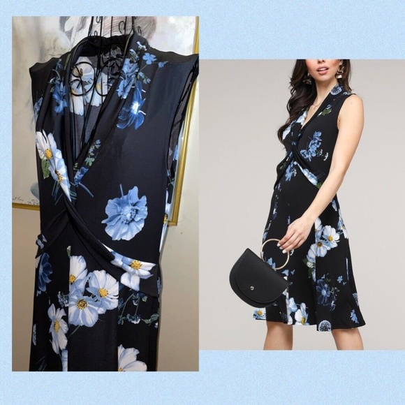 LBISSE FLORAL "TWIST-ACCENT" V-NECK DRESS~BLACK, BLUE, WHITE~SLEEVELESS~LARGE - Picture 5 of 6